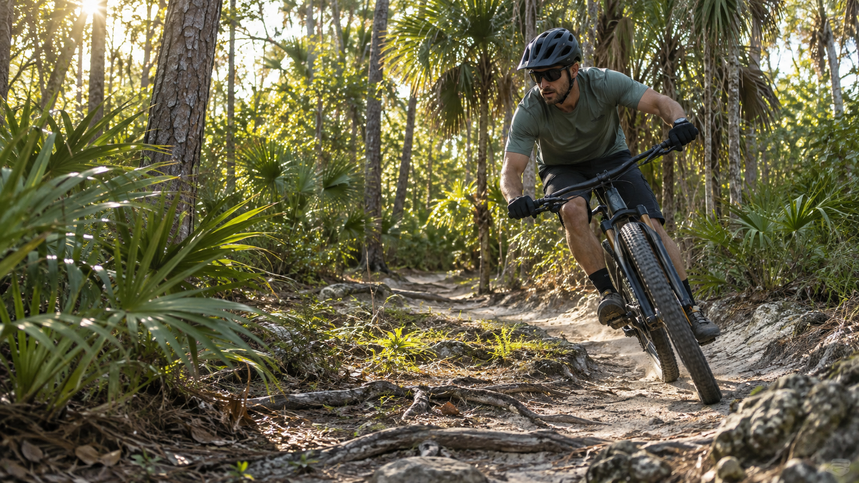 Mountain biker riding a sandy, root-filled trail in Miami